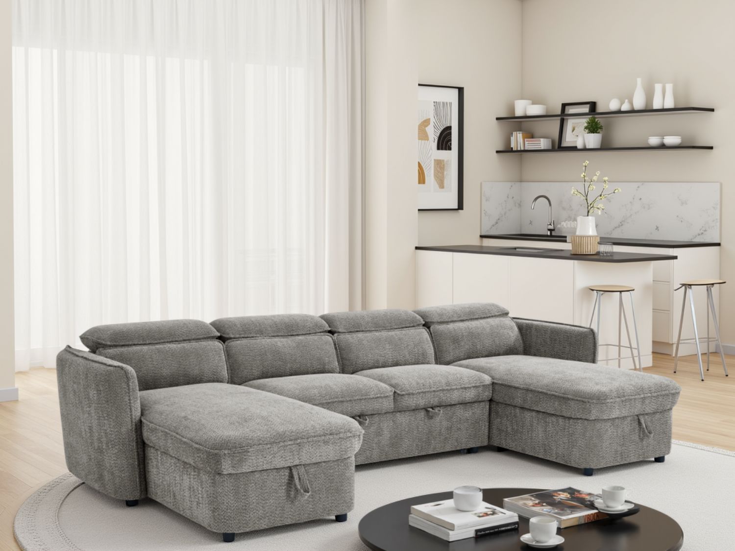 Grey Textured Fabric Large U Shape Corner Sofa Bed